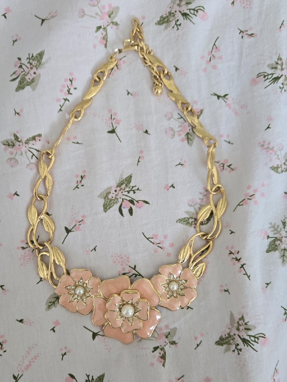Gold and Pink Floral Statement Necklace - Unbranded